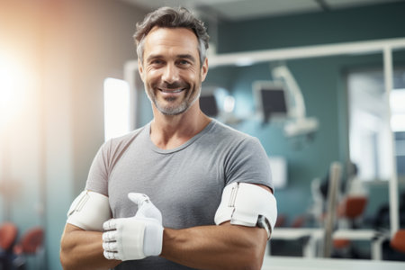 Portrait of smiling sportsman with boxing gloves standing in fitness studioの素材