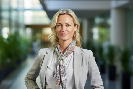 Portrait of smiling businesswoman standing in corridor at office, looking at cameraの素材