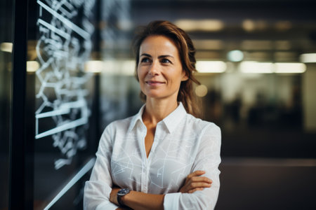 Portrait of smiling businesswoman standing with arms crossed in modern officeの素材