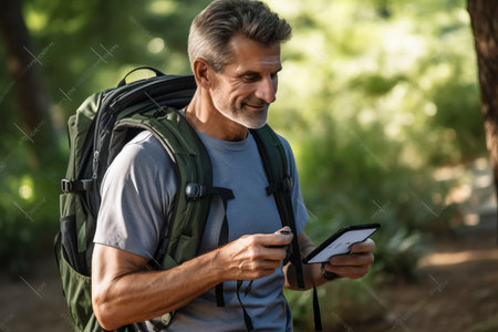 Portrait of mature man using mobile phone while hiking in the forestの素材