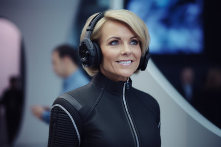 Portrait of smiling woman in headphones looking at camera in fitness studioの素材