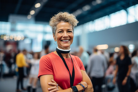Portrait of smiling mature businesswoman standing with arms crossed in officeの素材