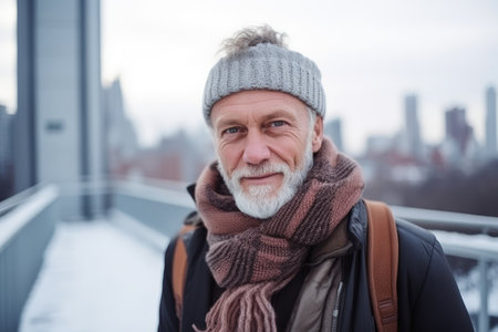 Portrait of a handsome senior man with gray beard wearing winter clothes outdoorsの素材