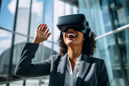 Cheerful african american businesswoman using virtual reality headsetの素材