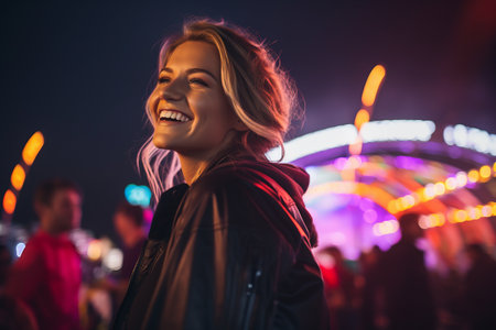 Portrait of a smiling young woman dancing at a music festival.の素材
