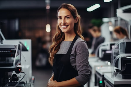 Portrait of smiling young waitress standing with arms crossed in coffee shopの素材