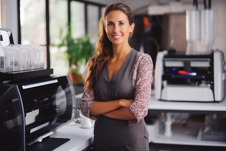 Portrait of confident businesswoman standing with arms crossed in modern officeの素材