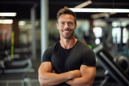 Portrait of a smiling young man standing with arms crossed in gymの素材
