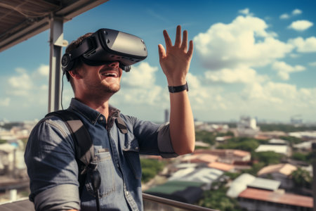 Young man using virtual reality headset or 3d glasses and exploring the city.の素材