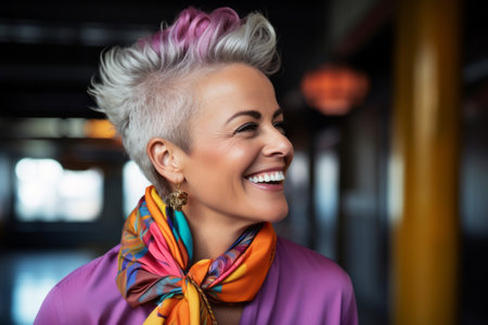 Portrait of smiling woman with hair tied in colorful scarf at restaurantの素材