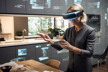 Smiling businesswoman using virtual reality headset while working in modern officeの素材