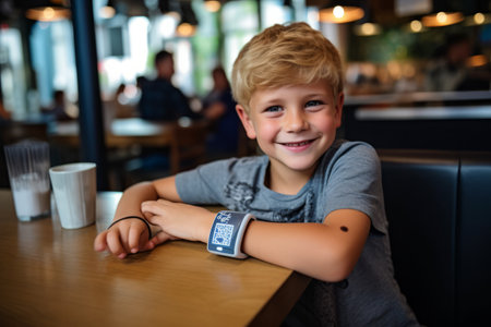 Portrait of smiling boy using smart watch in cafe at the coffee shopの素材