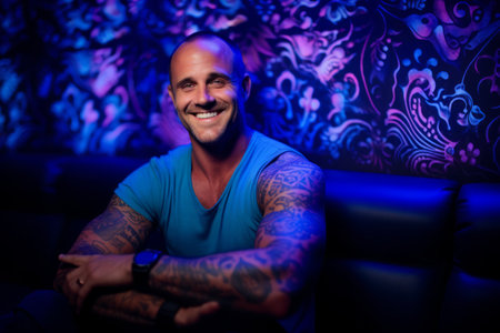 Portrait of a smiling tattooed man sitting in a nightclub.の素材