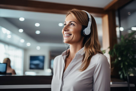Portrait of a smiling young businesswoman in headset standing in officeの素材