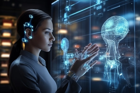 Beautiful asian businesswoman working with virtual hologram. mixed mediaの素材