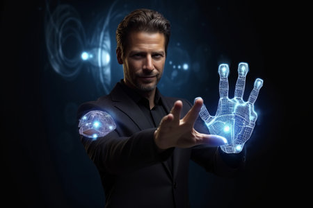 Businessman pressing futuristic touchscreen with digital hand interface on dark blue backgroundの素材