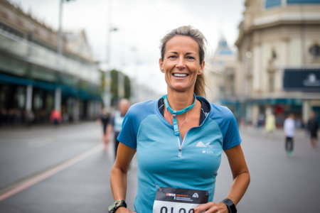 Portrait of happy woman running in London, UK. Sport and active lifestyle concept.の素材