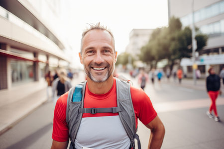 Portrait of a smiling mature man with backpack walking in the cityの素材