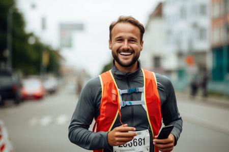 Portrait of a smiling male jogger in sportswear running in the cityの素材