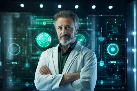 Portrait of handsome mature doctor with arms crossed looking at camera while standing in futuristic officeの素材