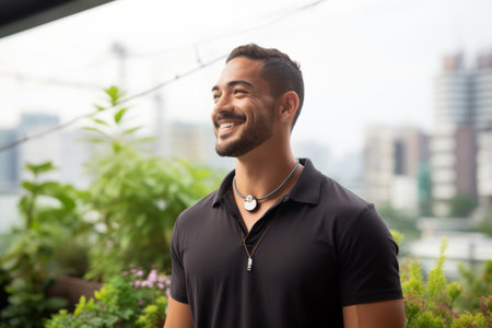 Portrait of a handsome young man smiling on a rooftop terraceの素材