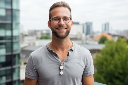 Portrait of handsome young man with eyeglasses in the cityの素材