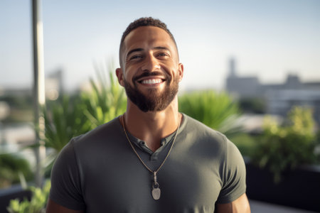 Portrait of a young man smiling and looking at camera in the gymの素材