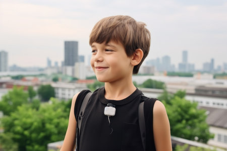 Portrait of a boy with a backpack against the background of the cityの素材