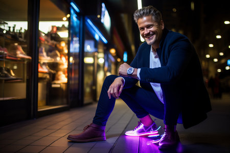 Portrait of a smiling businessman sitting in the street at night.の素材