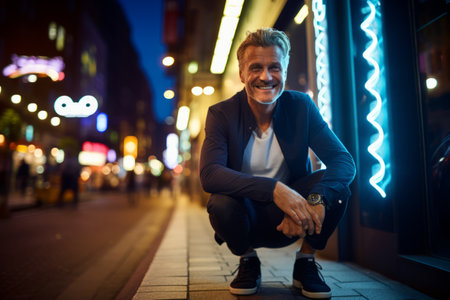 Portrait of a handsome mature man in the city at night.の素材