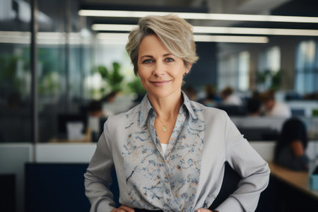 Portrait of mature businesswoman standing with arms crossed in modern officeの素材