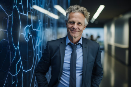 Portrait of mature businessman standing with arms crossed in corridor at officeの素材