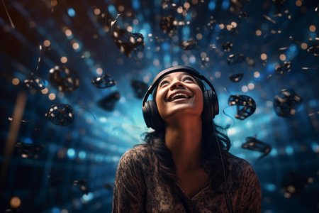 Young asian woman listening to music with headphones against blue glowing backgroundの素材