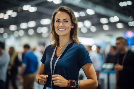 Portrait of a beautiful young woman in the trade show expoの素材