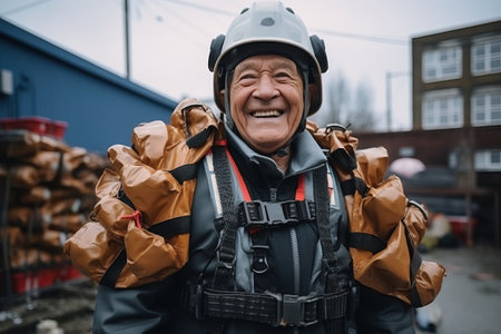 Portrait of a smiling elderly man in a helmet with a backpack.の素材