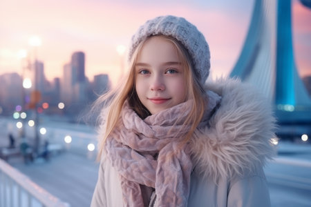 Portrait of a beautiful little girl in the city at sunset.の素材