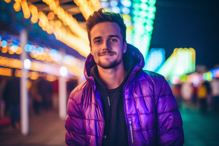 Portrait of a handsome young man in a purple jacket at night.の素材