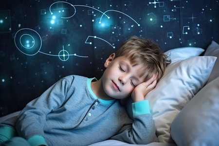 Cute little boy sleeping in bed with social media icons on wallの素材