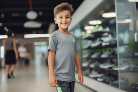 Portrait of a little boy standing in a shoe store and smilingの素材