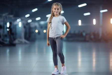 Little girl in sportswear standing in the gym and smiling.の素材