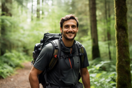 Portrait of a smiling man with backpack standing in the rainforestの素材