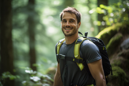Portrait of a smiling young man with backpack standing in the forestの素材