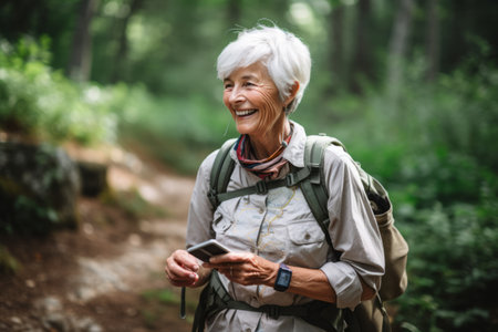 Portrait of smiling senior woman using mobile phone while hiking in forestの素材