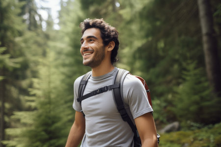 Portrait of a smiling young man with a backpack in the forestの素材