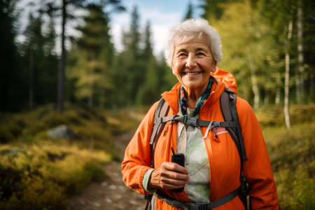 Senior woman with backpack hiking in the forest. Active senior woman hiking in nature.の素材