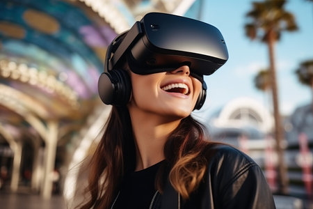 Cheerful young woman wearing virtual reality goggles and smiling while standing outdoorsの素材