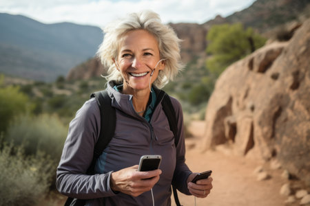 Portrait of happy senior woman using mobile phone while hiking in desertの素材