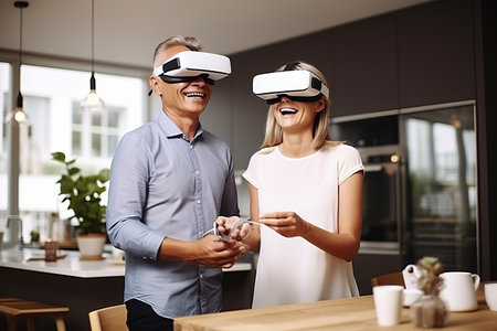 Cheerful man and woman wearing virtual reality glasses and looking at each otherの素材