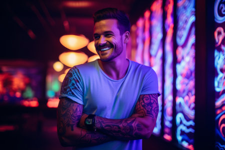 Portrait of handsome young man smiling at camera while standing in nightclubの素材
