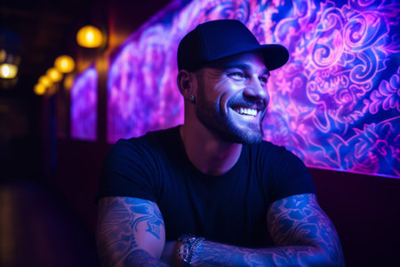 Portrait of a young man with tattoo on his arm sitting in a nightclub and smilingの素材